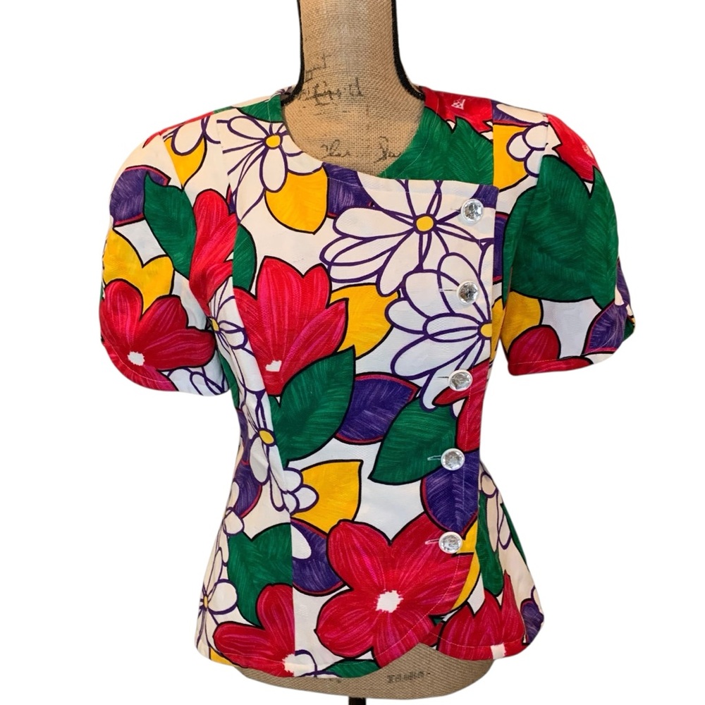 Vintage Bright Multicolor Short Sleeve Peplum Blouse with Matching Skirt